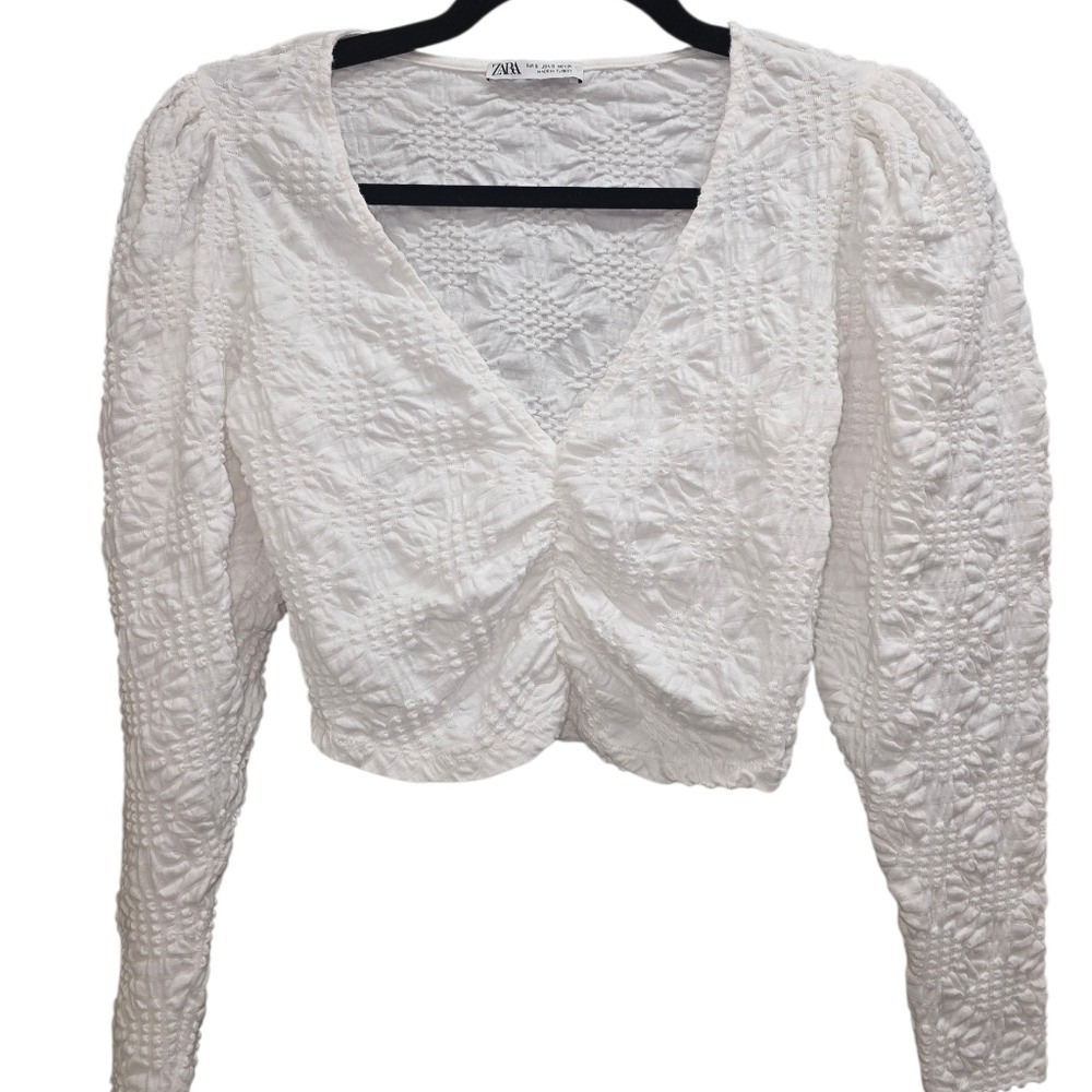 Zara White Smocked Textured Crop Top Puff Sleeve V-Neck Size Small Cottagecore